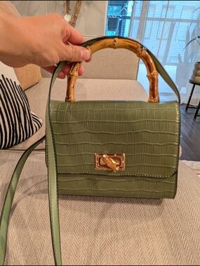Olive Green Croc-Texture Top-Handle Bag with Bamboo Accent